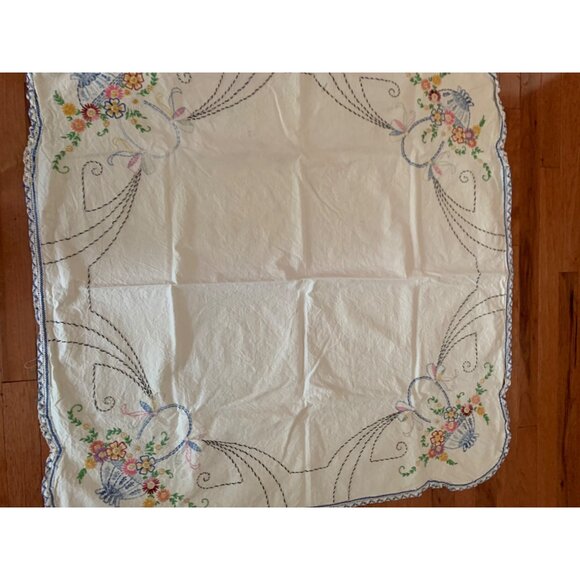 Vintage Hand-Embroidered Floral Tablecloth 39"x40" - Picture 7 of 10